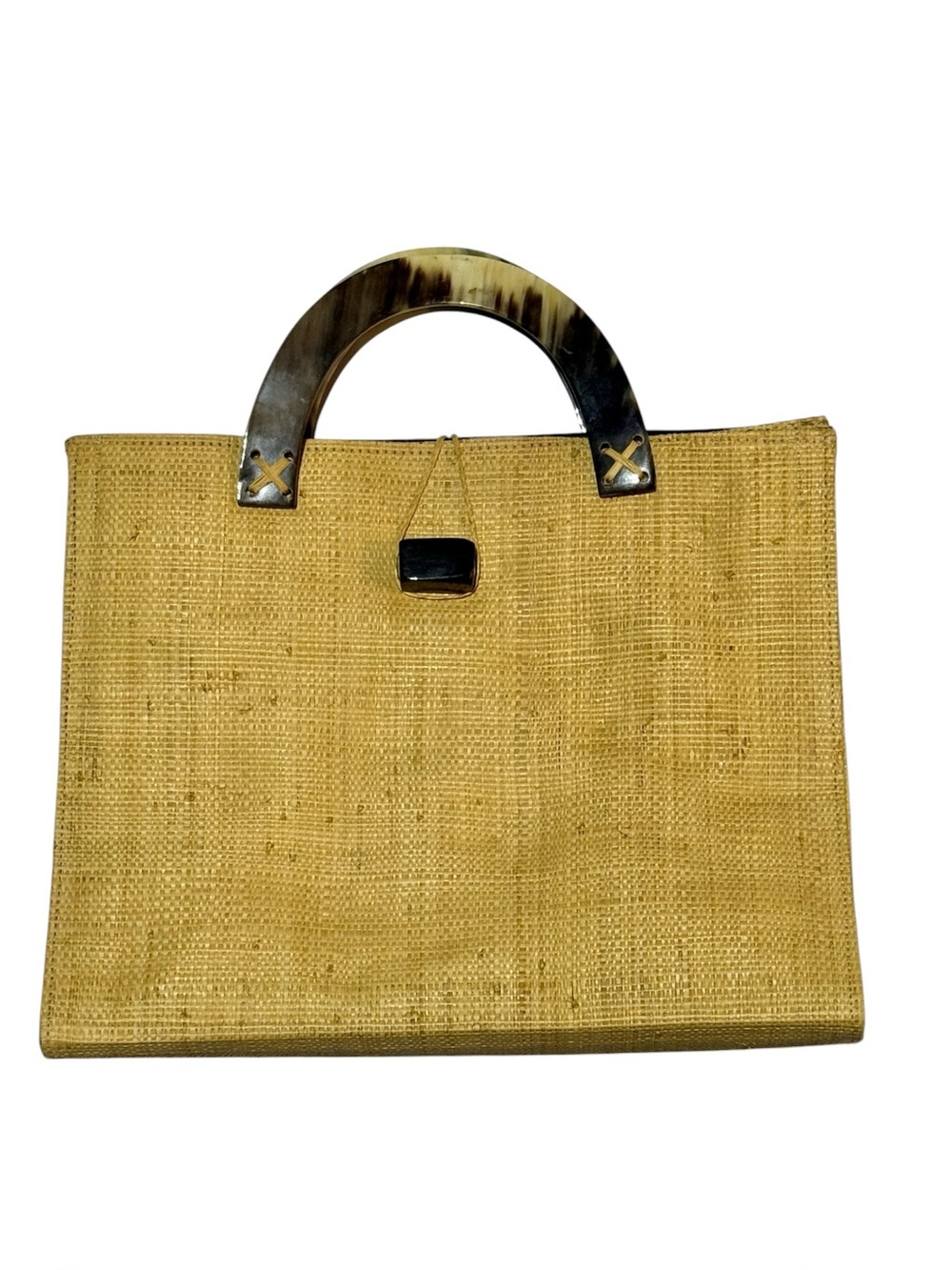 Vintage Woven Straw hand Bag with Horn-Effect Handles/structured bag/wood button